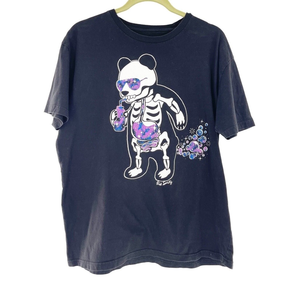 Riot Society Panda Bear Skeleton Graphic Tee Black Cotton L Drinking Shirt